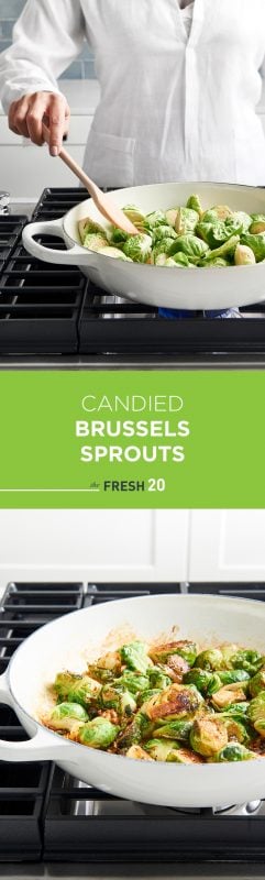 Woman cooking candied brussels sprouts on a stove in a white skillet