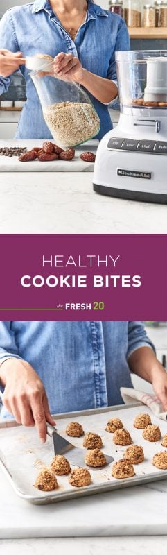 Woman scooping out oatmeal to make fresh healthy cookies with a food processor in a modern kitchen