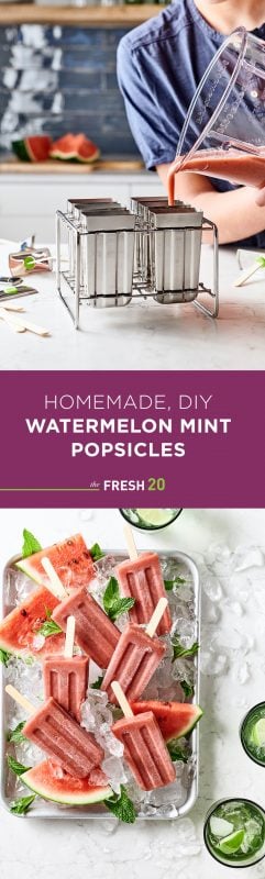 Sheetpan full of fresh watermelon and homemade watermelon mint popsicles with ice on a white marble surface