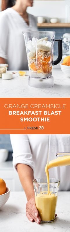 Easy magic orange smoothie and a woman pouring it into a cup in a marble kitchen