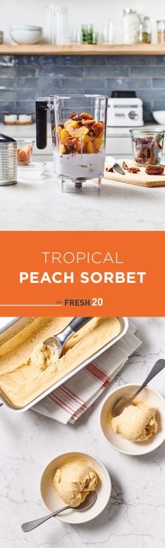 2 scoops of peach sorbet in cups and a blender full of fruit in a beautiful kitchen