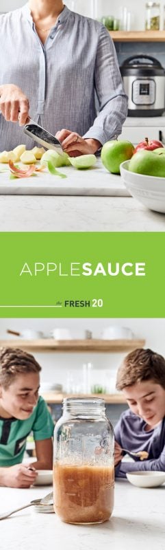 Woman slicing apples and 2 kids eating homemade DIY Instant Pot applesauce