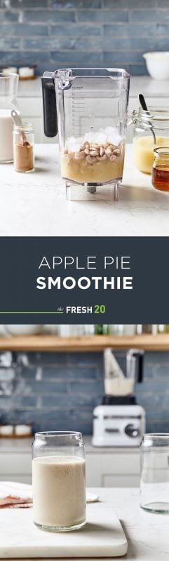 Easy healthy apple pie smoothie with a blender full of ingredients in a beautiful white marble modern kitchen