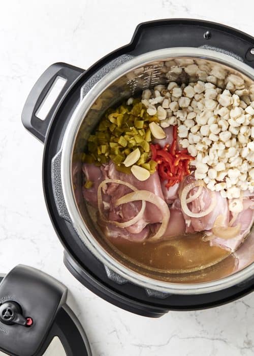 Top view of easy healthy skinny chicken Instant Pot recipe on a white marble surface