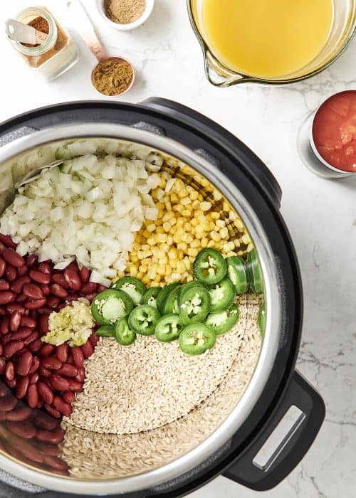 Overhead view of The Fresh 20 Vegetarian Spanish Instant Pot Crock-Pot recipe organized with colorful vegetables and jalapeño