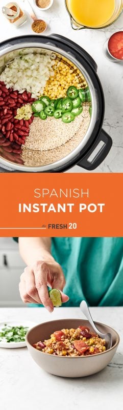 Woman squeezing a lime wedge into a hearty bowl of The Fresh 20 Vegetarian Spanish Instant Pot Crock-Pot recipe