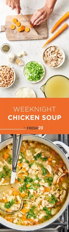 Woman chops ingredients for a pot of simple hearty weeknight chicken soup with carrots and kale on the stove with a ladle