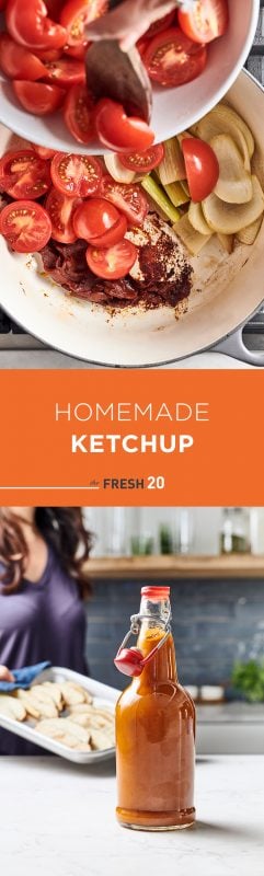Homemade DIY flavorful red tomato ketchup in a white marble kitchen with a pot full of vibrant vegetables