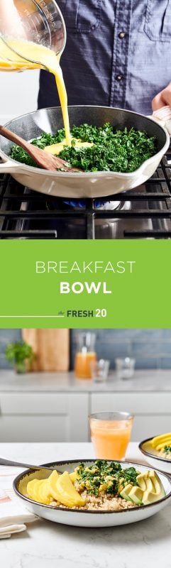 Man pouring eggs into pan full of kale with a finished savory breakfast bowl on a white marble surface