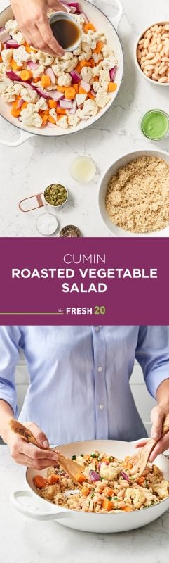 Hand puring dressing on an easy cumin roasted cauliflower vegetable salad & a woman mixing with wood spoons in a white skillet