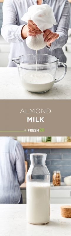 Woman squeezing almond milk through cheese cloth into glass bowl & a beautiful tall glass milk jug full of creamy easy DIY almond milk