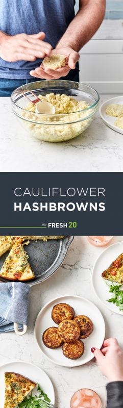 Plate full of browned cauliflower hashbrowns on a white marble table as a man shapes paleo hashbrowns in glass bowl