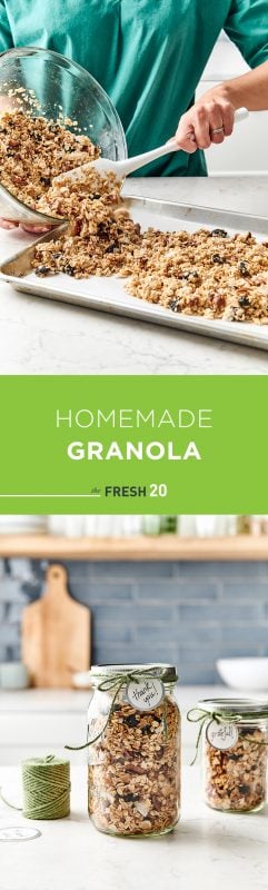 Mason jars full of homemade granola wrapped with a green twine with a thank you card along with a woman pouring granola onto a baking sheet pan