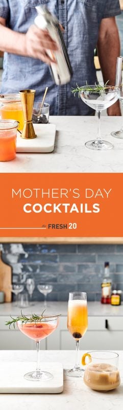 Man making three Mother's Day cocktails in a shaker next to a champagne glass garnished with rosemary on a white marble surface