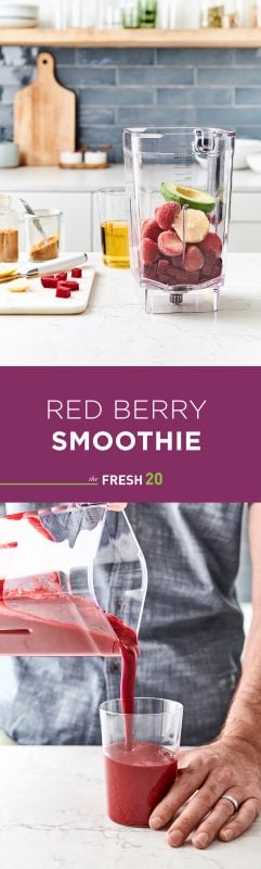 Blender full of beets, strawberries & avocado in a white marble kitchen & a man pouring red smoothie in a glass