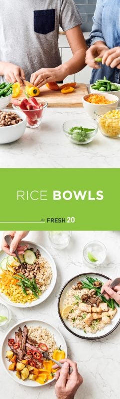 Two kids cutting fresh vegetables on a wooden cutting board & 3 hands eating fresh healthy family rice bowls in a white marble kitchen