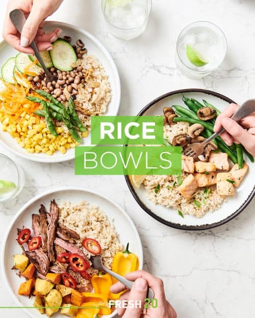 Three hands eating 3 fresh healthy family rice bowls on a white marble table from above