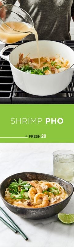 Making shrimp pho on a cooktop & a black ceramic bowl filled with suculent shrimp pho with chopsticks on a white marble surface
