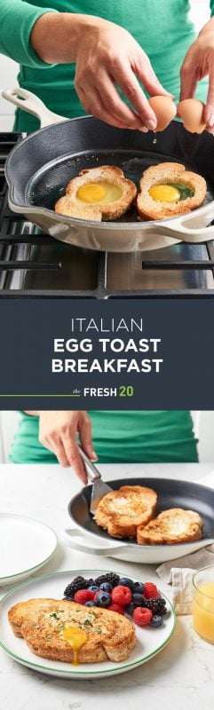 Woman cracking egg into skillet & serving easy Italian egg toasts with mixed berries in a white marble kitchen