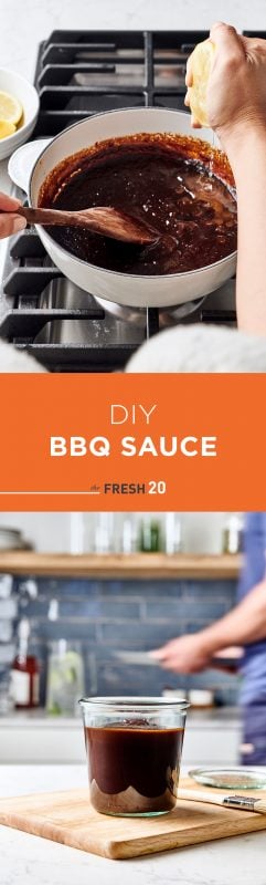 Person making homemade DIY BBQ sauce & squeezing lemon in a pot on a cooktop with a full Weck jar