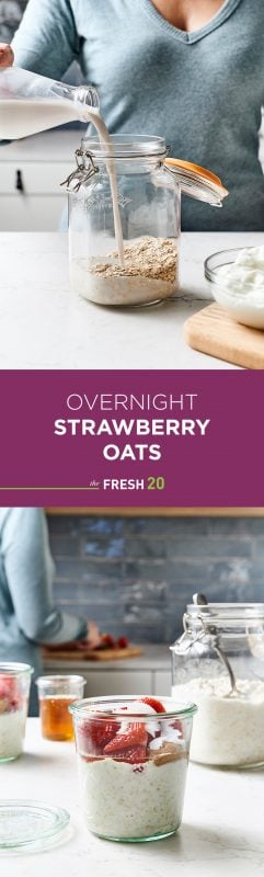 Woman pouring fresh almond milk into glass jar filled with oatmeal & layered strawberries overnight oats in a Weck jar