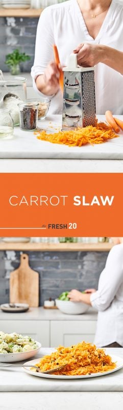 Woman shredding carrots with a box grater & carrot slaw with raisins on a ceramic plate in a white marble kitchen