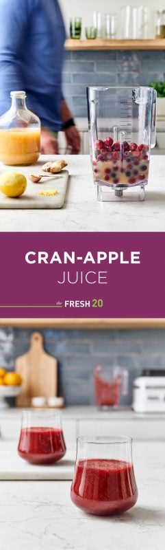Man making a blender full of cranberries, apple juice, lemon zest & 2 glasses full of cran-apple juice in a white marble kitchen