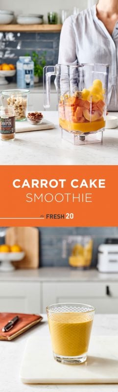 Woman filling a blender full of nuts & fruit with a glass full of carrot cake smoothie in a white marble kitchen