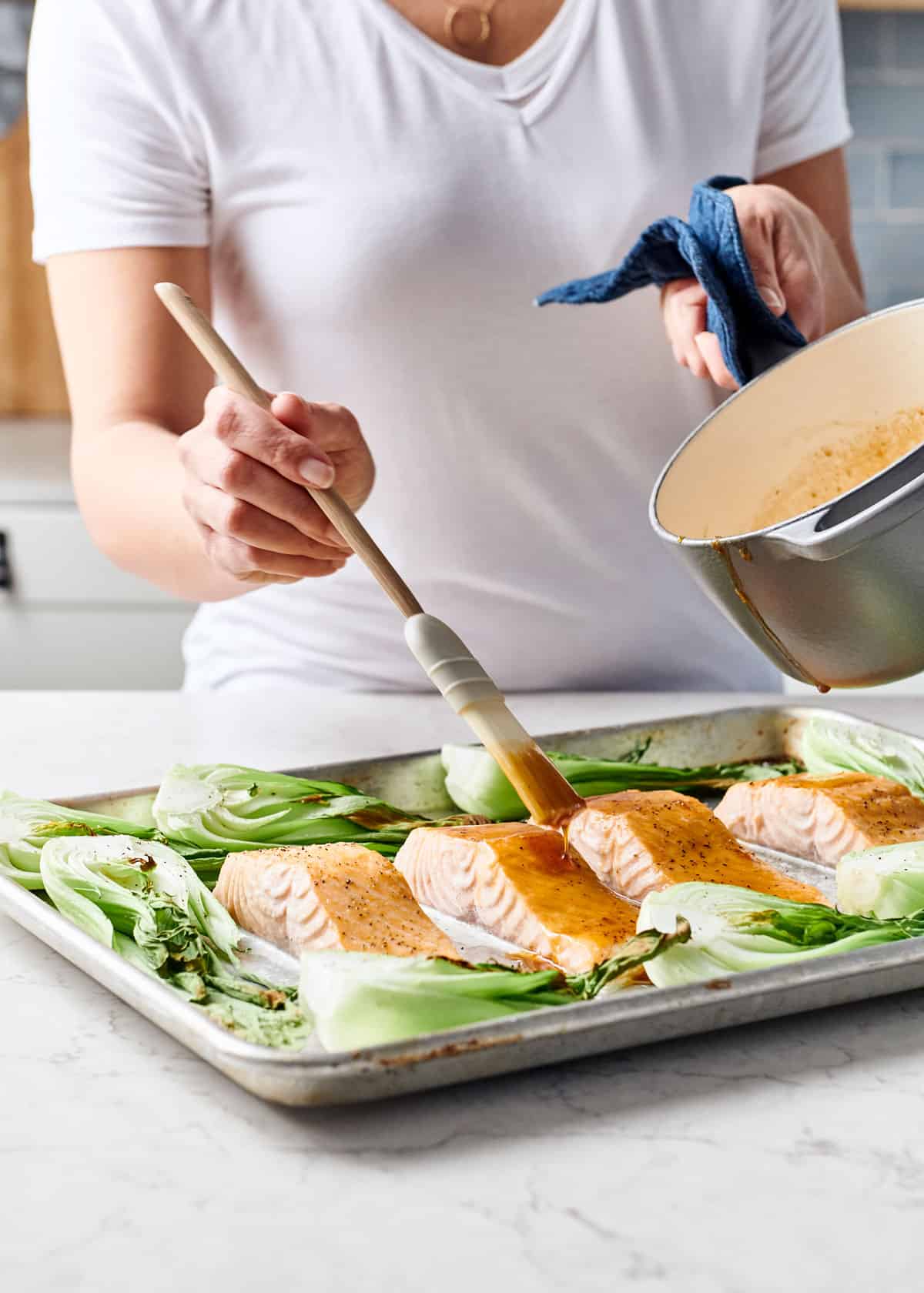 The Fresh 20 maple soy salmon with bok choy on a sheet pan