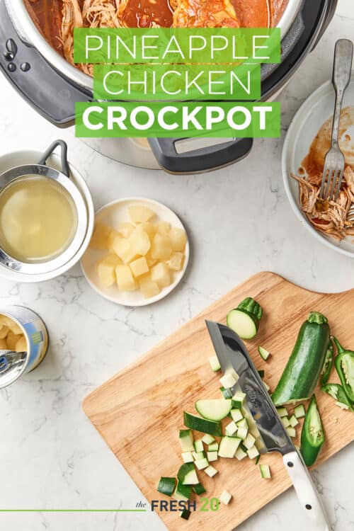 Chopped vegetables with knife on wood cutting board for Instant Pot Crock-Pot pineapple chicken soup full of vegetables