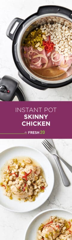 Easy healthy Instant Pot skinny chicken recipe on a white marble surface from above