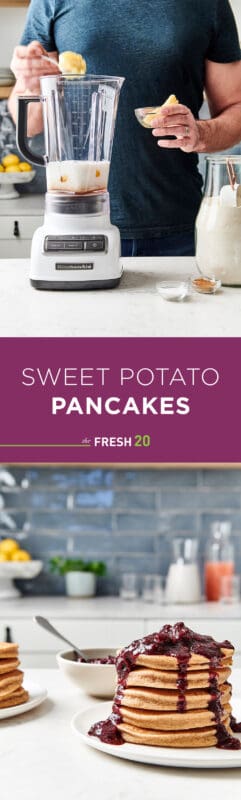 Man making sweet potato pancake batter & a tall stack of fluffy sweet potato pancakes drizzling in a thick blueberry compote