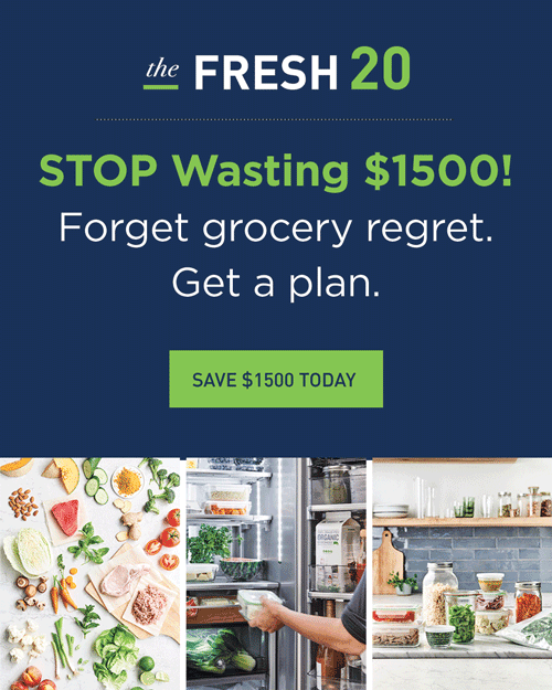 The Fresh 20 ad promoting grocery savings with images of fresh food, fridge storage, and meal prep jars.
