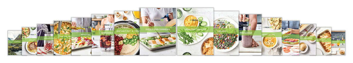 The Fresh 20 16-Pack Cooking Guide collection, sixteen themed guides holding 320 recipes